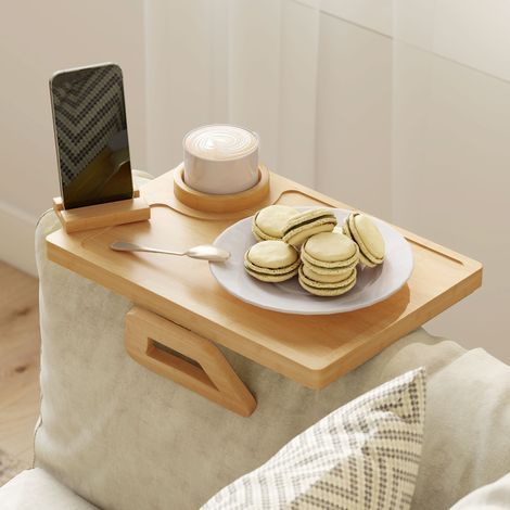 Plateau pliable et flexible en bambou pour accoudoir de canapé, avec porte-gobelet amovible et support de téléphone pivotant (1/5)