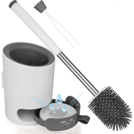 Brosse WC Brosse de Toilette en Silicone Antibactérienne Balayette WC Balai Brosse Ensemble avec Support Suspendu Pincette Cachée Boue de Diatomées Crochet Adhésif Manche de Abattant WC pour Maison (1/4)