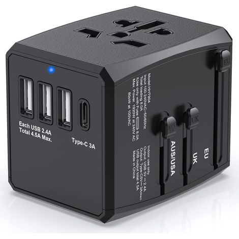 1 adaptateur de voyage universel, 3 ports USB-A + 1 port USB-C, 1920 W, compatible 224 pays, prise murale intégrée (1/5)