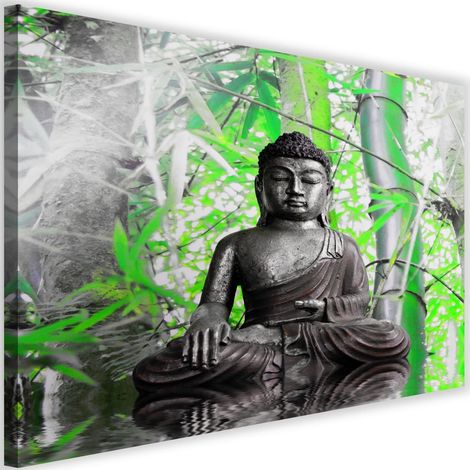 Tableau sur toile Bouddha avec feuilles vertes 60x40 (1/5)