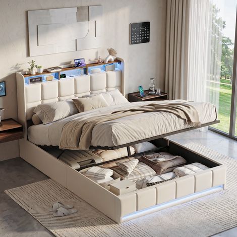 BLANKETSWARM - Lit coffre 160x200 cm avec sommier à lattes, Lit rembourré avec éclairage LED - ports USB - tête de lit de rangement, Lin Beige (1/5)