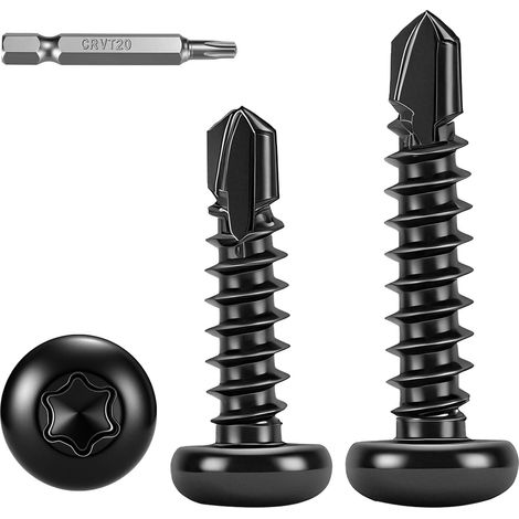 100 Pièces Torx Vis Autoforeuse Metal Noir,M4.2x16mm Vis à Tôle Autotaraudeses et Autoperceuse Autoperforante Inox 410 Torx Tête Bombée Ronde pour Aluminium Bois Tôle Plastique.Avec 1 TX20. (1/5)
