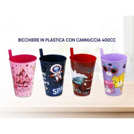 TrAdE Shop Traesio - Bicchiere Bambini In Plastica 400ml Con Cannuccia – Tazza Colorata Riutilizzabile Per Casa E Scuola - (1/2)