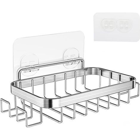 Porte-savon de douche avec 4 crochets en acier inoxydable pour douche. salle de bain. cuisine. lavabo. plan de travail. porte-rasoir et éponge. adhésif de fixation murale inclus (1/4)