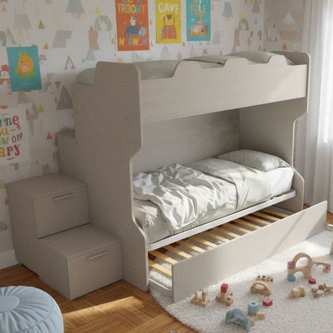 Letto a castello salvaspazio con scala a cassettoni e camminatoio - Effetto tessuto