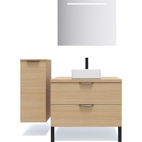 Meuble de salle de bain suspendu vasque à poser 90cm 2 tiroirs Chêne clair + miroir + colonne ouverture gauche - Soho (1/5)