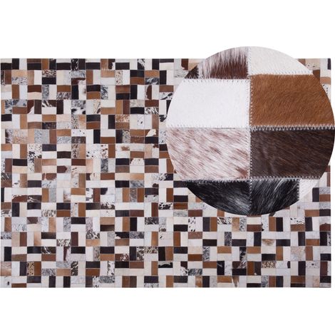 Alfombra de piel de vacuno marrón y beige 160 x 230 cm rectangular patchwork hecha a mano Cesme (1/5)
