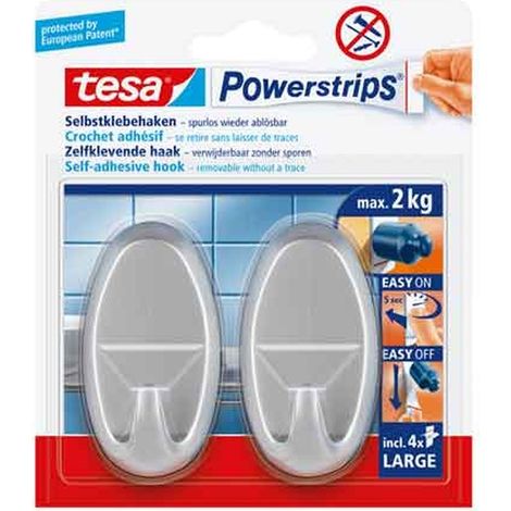 GANCIO OVALE 'POWERSTRIPS' ARGENTO Mod. L, 2 ganci + 4 strisce - Portata 2 Kg