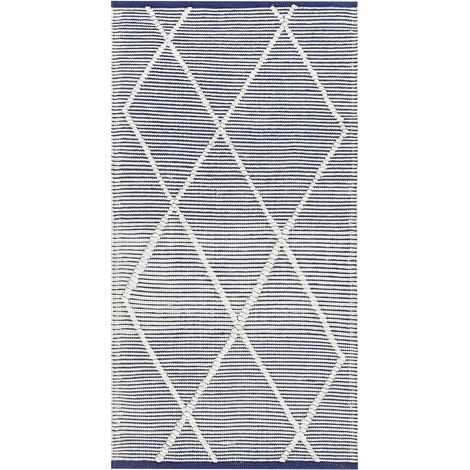 Tappeto in cotone blu e beige motivo a geometrico 80 x 150 cm Synopa