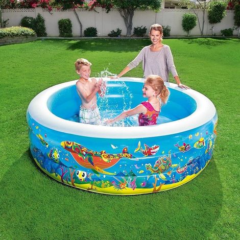 TrAdE Shop Traesio - Piscina Rotonda Gonfiabile Per Bambini 196x53 Cm A 3 Anelli Fantasia Pesci 016133 - (1/5)