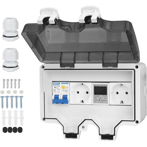 Coffret Electrique Etanche,Boîte de Distribution en Plastique avec Protection Contre les Fuites 16A et Prise, Boitier Etanche Electrique Exterieur Montage en Surface étanche IP66  8 Modules (1/5)