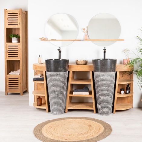 Wanda Collection – Meuble double vasque en teck 180cm – 2 vasques noires sur pied – 9 étagères – Conception traditionnelle pour salle de bain moderne (1/5)