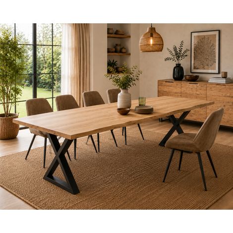 Table à manger avec bord irrégulier coloris Chêne massif et pieds en métal noir  - Longueur 200 x Profondeur 100 x Hauteur 76 cm (1/4)