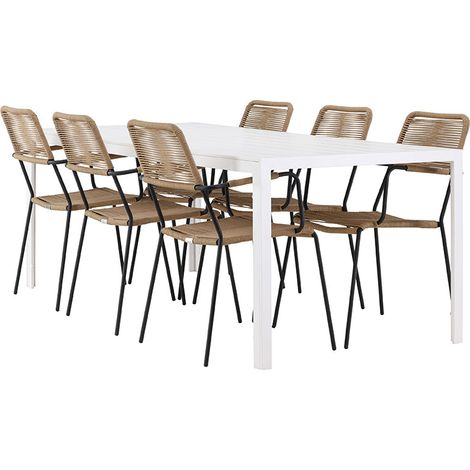 Break Gartenset Tisch 90x205cm weiß, 6 Stühle braun.
