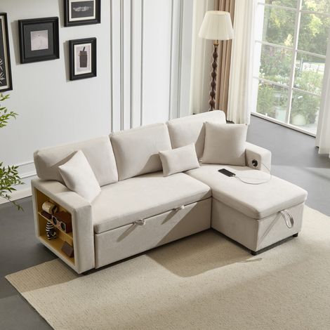 Tkopy - Canapé d'angle en L, Canapé d'angle convertible, canape 4 places, Canapé clic clac, Canapé avec coffre de rangement, 214x131x87 cm, Style minimaliste contemporain, canape beige (1/5)