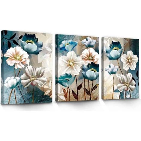 Décoration murale - - Lotus Zen - 3 toiles - Blanc et Bleu Indigo - Contemporain (1/4)