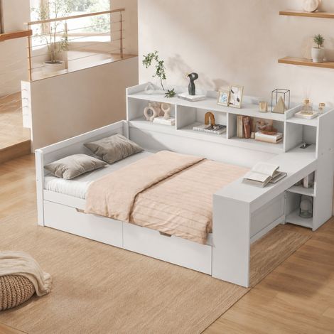 Cama individual 90x200 cm de paneles de madera blanca con almacenaje y escritorio FloraGrace (1/5)