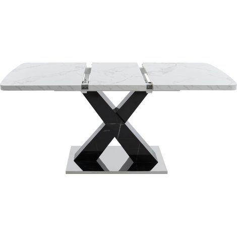 Mesa comedor rectangular extensible 120-160 cm, efecto mármol blanco, MDF y acero negro (1/5)