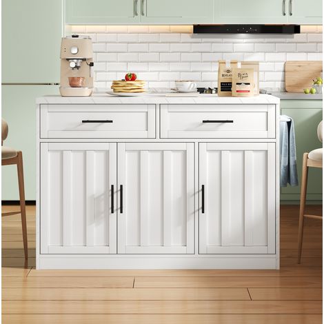 Isla de cocina 120x60x91 cm en MDF blanco, con almacenamiento y enchufes, para cocina FloraGrace (1/5)
