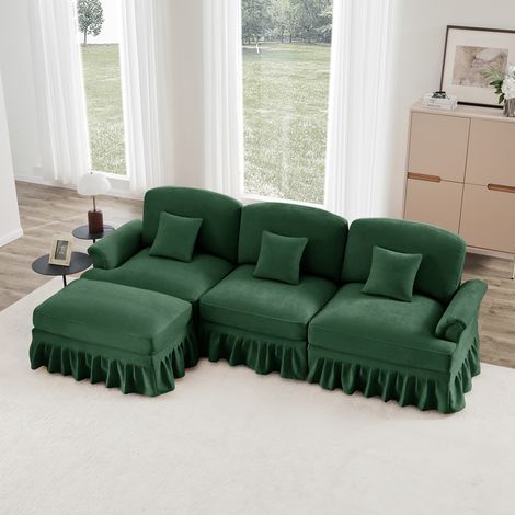 Divano componibile 3-4 posti - Divano ad angolo con braccioli a forma di imbuto, gambe affusolate e pouf rimovibile - ciniglia verde (1/5)