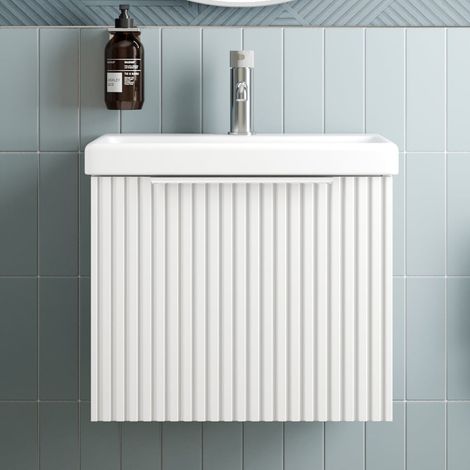 Fluted 500mm Bathroom Vanity Unit Basin Wall Hung Cupboard Soft Close Matt White (1/5)
