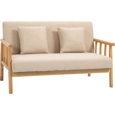 Canapé 2 places en tissu effet lin beige avec cadre en bois naturel 123 cm (1/5)