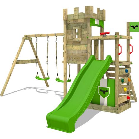 FATMOOSE Parco giochi in legno BoldBaron Giochi da giardino con altalena e scivolo mela verde Casetta da gioco per l'arrampicata con sabbiera e scala di risalita per bambini (1/5)