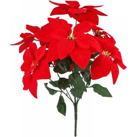 Bouquet De Fleurs Artificielles - Poinsettias En Velours Rouge - Tige Flexible Avec Feuilles Vertes - Pour Décorations De Noël - 1 Pièce (1/5)