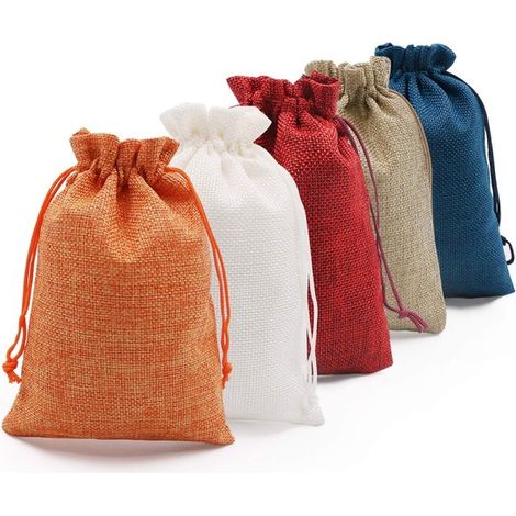 Bolsas de regalo de lino, 20 unidades, 12,5 x 18 cm, Bolsitas para joyas con cordón ajustable varios colores, Bolsas lino reutilizables, Navidad (1/5)