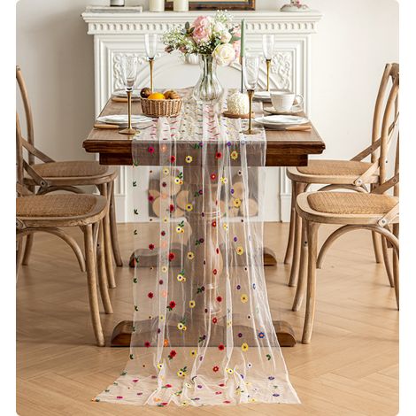 Chemin de table en tulle fleuri (3 mètres) – Décoration de table brodée de marguerites blanches, convient à la décoration de la maison et des fêtes. (1/4)