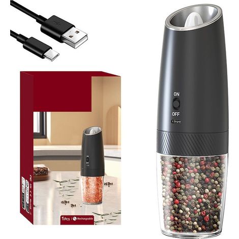 Moulin à sel et poivre électrique (lot de 1), avec compartiments de rangement transparents, réglage de la finesse de mouture, rechargeable, câble USB, éclairage LED (1/5)