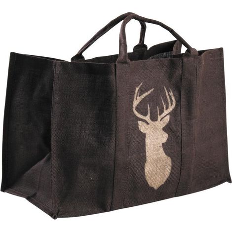 Sac à bûches marron en jute plastifiée avec cerf 30x60x40cm