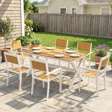 Conjunto de comedor de exterior de 7 piezas, mesa y sillas apilables, estructura de aluminio, madera de teca.