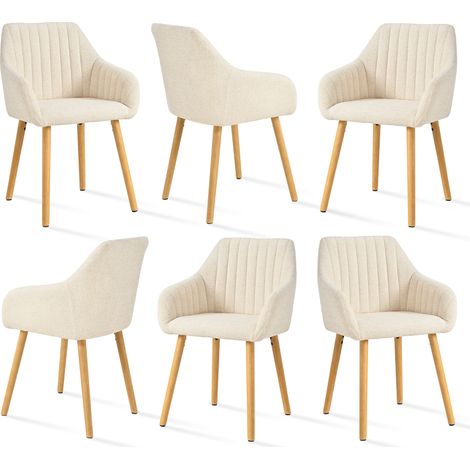 Minimalist dining chairs with comfortable backrests, ergonomic armrests and sturdy wooden legs – Set of 6 - white-Chenille