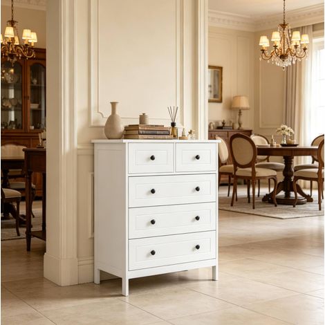 Cómoda de 5 cajones, 74 x 40 x 91 cm, blanca, en MDF y aglomerado OKMYHOME (1/5)