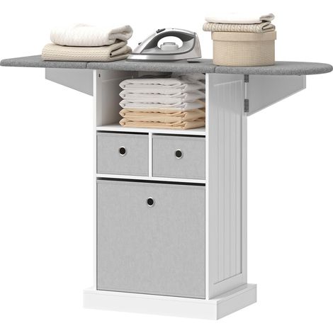 Table à repasser pliante à roulettes avec étagère ouverte et 3 tiroirs, 121 x 37 x 89,5 cm, blanc et gris (1/5)