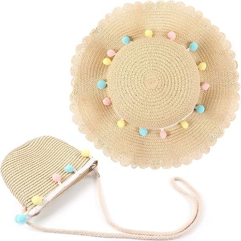 Ensemble chapeau de soleil et mini sac bandoulière pour filles, chapeau de paille de plage et mini sac à main assortis, chapeau de