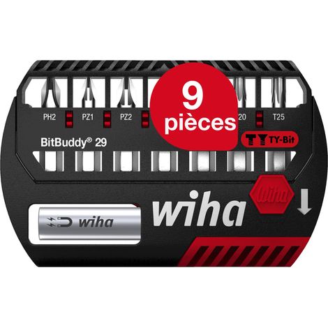 Wiha Jeu d'embouts BitBuddy I Embout TY 29 mm I PH, PZ, TORX® 8 pièces 1/4" C6,3 I Porte embout magnétique I Adapté aux visseuses à impact et à percussion (42138) (1/5)