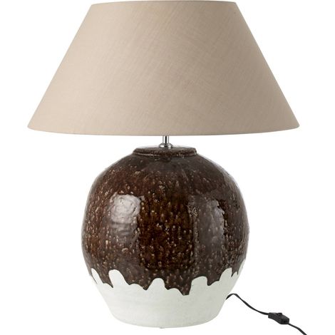 Lampe de table ronde en poterie émaillée - blanc et marron foncé (1/4)