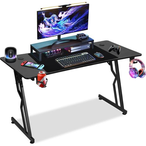 Randaco Bureau Gaming en Z-Forme avec Tapis de Souris, Porte-gobelet et Crochet pour Casque, Bureau Gamer 120x60cm, sans LED
