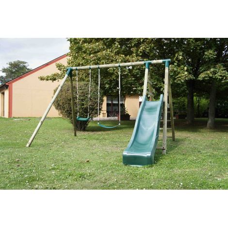 CHALET & JARDIN Portique bois avec balançoire, vis-à-vis et toboggan - COMANCHE - 330 x 260 x 230 cm (1/5)