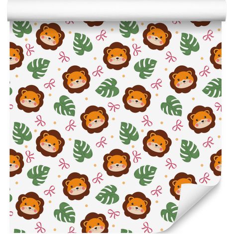 Papier peint Lions Blanc, Orange et Vert pour Salon et Chambre 50x1000 cm (1/5)