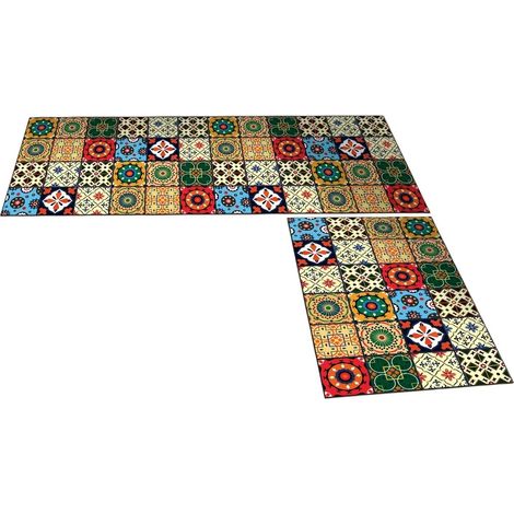 Lot de 2 tapis antidérapants, jaunes, 40 x 60 cm et 40 x 120 cm, imprimés, tapis de cuisine (1/3)