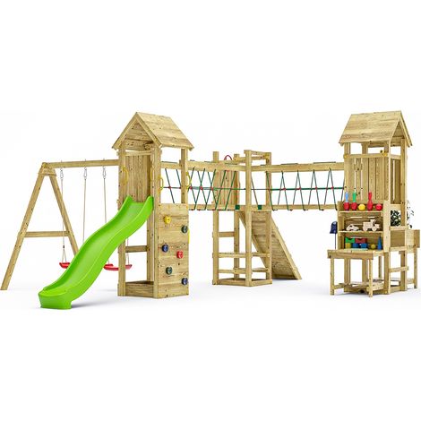 Aire de jeux XXL en bois de pin autoclave – Toboggan 2,2m – 2 balançoires – Mur d'escalade – Pour 15 enfants – Dimensions 6,12m x 5,78m x 2,57m (1/5)