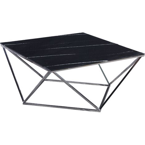 Table Basse ALINA Chrome plateau en verre trempé 80x80x45 cm - Marbré noir (1/2)