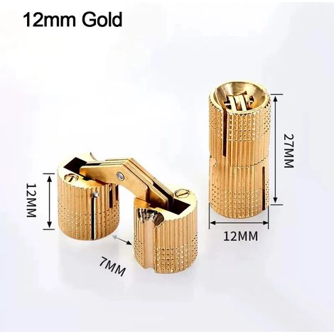 Charnières cylindriques invisibles en laiton (12 mm, dorées) pour meubles et portes. (1/5)