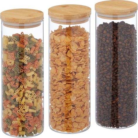 Relaxdays Lot de 3 bocaux en verre, couvercle bambou, bocal conservation rond, 1600 ml, hermétique, transparent/nature (1/5)