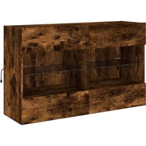 Mueble TV multimedia estantería para televisión buffet para televisión comedor salón dormitorio montado en la pared con luces LED roble ahumado 98,5 x 30 x 60,5 cm marrón 020027998 (1/5)