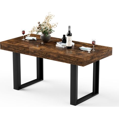 Table à manger extensible style rétro longueur modulable 120 à 160 cm plateau bois bicolore brun rustique et noir, capacité pour 8 personnes design médiéval moderne pour cuisine et salon (1/5)
