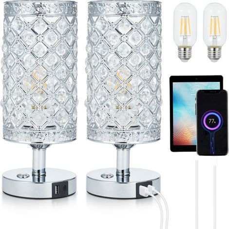 Crystal touch desk lamp, 3000K warm white LED bulb, with USB C + A charging port, 4000mAh battery, for bedroom, nightstand, 2 pieces (1/5)